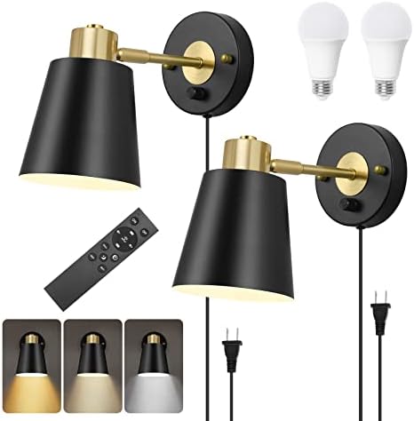 VATONI Wall Sconce Plug in, Remote Control Dimmable Wall Sconces and Adjustable Color Temperature 2700K-6000K Wall Lights with Plug in Cord, Wall Mounted Light for Bedroom Bedside(2 Pack, 2 Bulbs)