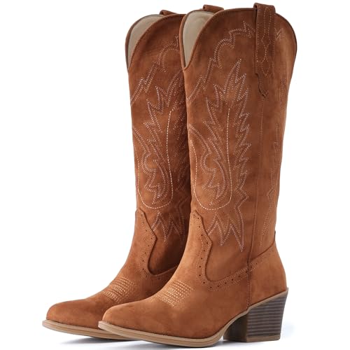 Image of IUV Suede Cowboy Boots For Women Chunky Heel Pointed Toe Cowgirl Boots