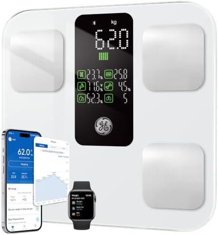 GE Körperfettwaage Smart Großem Display, Personenwaage 14 Körpermaße 180kg | Digital Waage mit Körperfett und Muskelmasse mit APP, BMI, Bluetooth