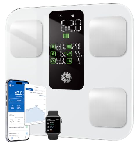 10,00€ Coupon! GE Körperfettwaage Digital mit Großem Display, Smart Waage mit Körperfett und Muskelmasse mit APP 14 Körpermaße BMI Bluetooth Personenwaage bis 180 kg / 400 lb white