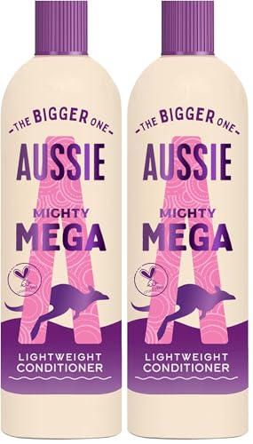 Image of Aussie Mighty Mega Lightweight Conditioner 400ml. Daily Moisturiser for All Hair Types. Infused with Australian White Strawberry. Vegan and Cruelty-Free. Lightweight, Rinse-off or Leave-In Formula