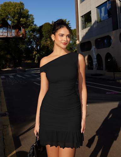 GOKATOSAU Women's One Off Shoulder Sleeveless Bodycon Ruched Mesh Ruffle Hem Mini Dress3