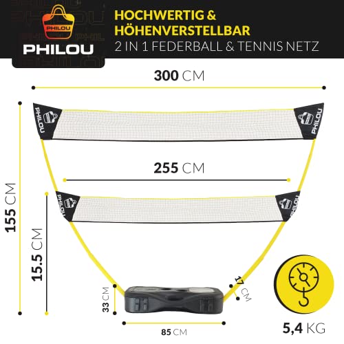 Foto von PHILOU Badminton Netz höhenverstellbar - Tennis & Federball Netz Set - 3-in-1 Federball Netz für Garten - mobiles Federballnetz, Tennisnetz Outdoor