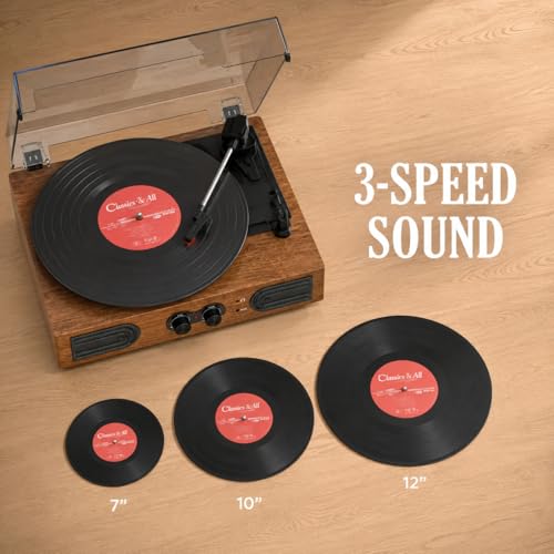 Image of Vinyl Record Player with Built-in Stereo Speakers Vintage 3-Speed Belt-Driven Turntable with Bass /Treble Control, Headphone Jack, RCA & AUX Outputs, Walnut