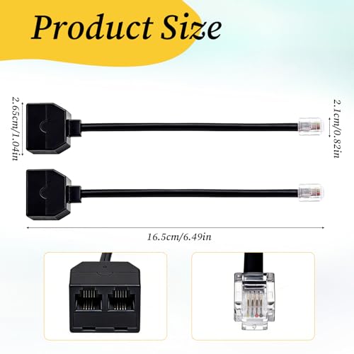 SynHHergyx 2 Pack Phone Line Splitter Two Way Phone Jack Splitter RJ11 Male to Dual Female Cable 6P4C Telephone Line Splitters for Telephone, Fax Machine, Black