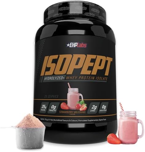 IsoPept Hydrolyzed Whey Protein Powder by EHPlabs - 100% Whey Protein Isolate & Hydrolysate, 27g of Protein, Non-GMO, Gluten Free, Fast Absorbing, Easy Digesting, 27 Serves (Strawberry Milkshake)