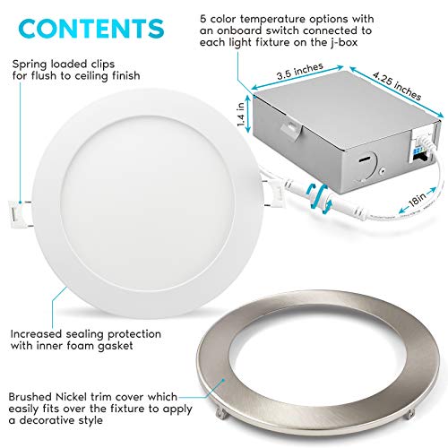 Luxrite 6 Inch Ultra Thin Led Recessed Light With J-Box, 12W, 5 Color Options 2700K | 3000K | 3500K | 4000K | 5000K, Dimmable Wafer Light, 1000 Lumens, Brushed Nickel, Energy Star, Ic Rated #TOP2