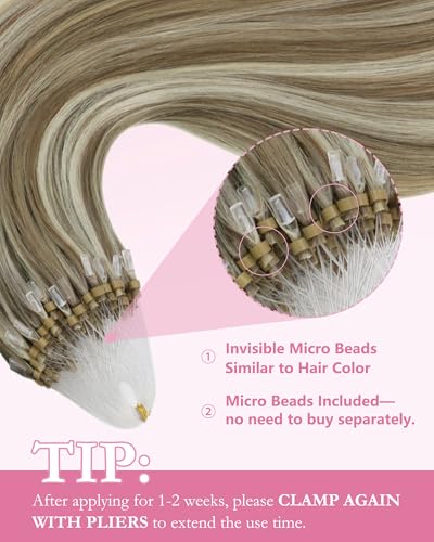 Image of YoungSee Microlink Hair Extensions Brown Micro Bead Hair Extensions Real Human Hair Highlight Brown with Blonde Micro Ring Hair Extension Human Hair 20In Invisible Bead Hair Extension 50s 57g