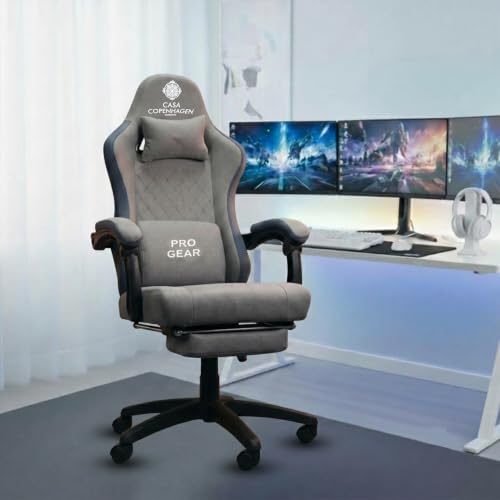 Image of Casa Copenhagen Designed in Denmark,High-Back Italian Leather Gaming Ergonomic Chair with Advanced Mechanism & Electric Back Massager, Memory Foam Seating & Multi Function Arm-Rest - Grey & Denim Blue