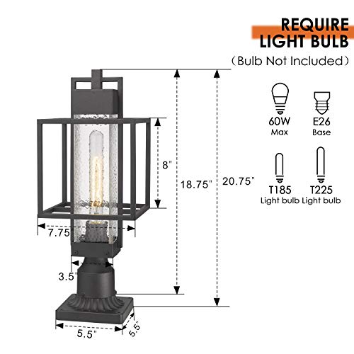 Osimir Outdoor Post Light Fixture, 1-Light Exterior Post Lantern With Pier Mount Base, Pier Light With Bubble Glass Shade Black Finish, Outdoor Light For Patio, Porch, Yard, Garden 2375/1Gl #TOP2
