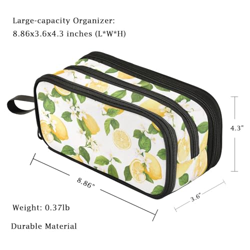 Image of Fustylead Fresh Summer Lemons Leaves Floral Large Pencil Pen Case Stationery Bag, 3 Compartments School College Office Desk Organizer Storage Pouch Marker for Teen Boys Girls Students