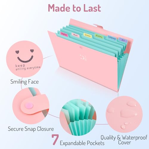 Forvencer Accordion File Organizer, Letter Size, 7 Pocket Expanding File Folder, Cute File Folder with Labels, Portable File Organizer for School Office Supplies, Folders for Documents, Pink - Thumbnail 4