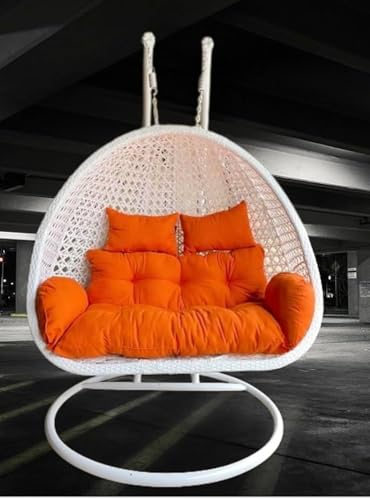 Image of Double Seater Hammock Swing Chair with Stand & Cushion | Heavy Duty Powder Coated Steel Frame | Outdoor Indoor Hanging Swing for Patio Balcony Garden Terrace Living Room (White-Dark.Orange)