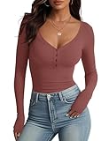 Meetrendi Women's Long Sleeve V Neck Shirt Sexy Henley Tight Slim Fitted Going Out Top Ribbed Button Fall Fashion 2025 Cinnamon Rose