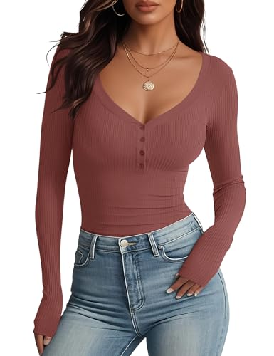 Meetrendi Women's Long Sleeve V Neck Shirt Sexy Henley Tight Slim Fitted Going Out Top Ribbed Button Fall Fashion 2025 Cinnamon Rose