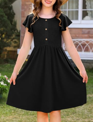 YOVION Girls Sundress Flutter Sleeve Scoop Neck Summer Casual Beach Dress with Pockets for 6-7 Y Black — view 2