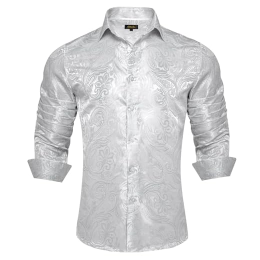 DiBanGu Camisa social masculina, manga longa Paisley de seda, abotoada, para festa de casamento, modelagem regular, Paisley prata, M