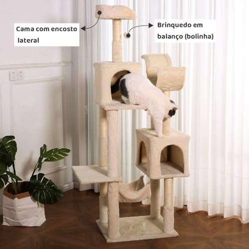 Arranhador de gato grande, luxuoso, multifuncional com casas, camas, rede, poleiros e brinquedo