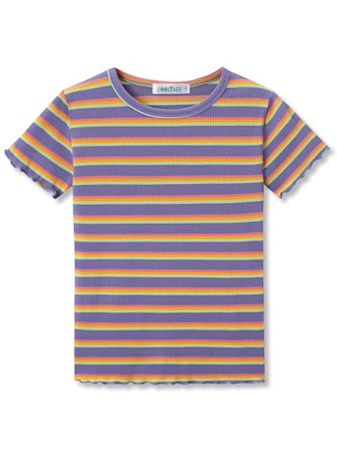 Girls Short Sleeve Shirts Ribbed Knit Lettuce Trim Tee Shirt - Little Girl Green Striped Blouse Size 6-16 - Main Image