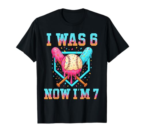 I was 6 Now I'm 7 7th Birthday Boys Ice Cream Drip Baseball T-Shirt