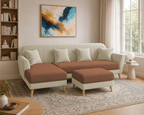 Image of Atticus LHS 6 Seater L Shape Sofa Set with Ottoman Living Room (Cream Brown Colour Fabric) Premium Fabric Sofa Set for Living Room