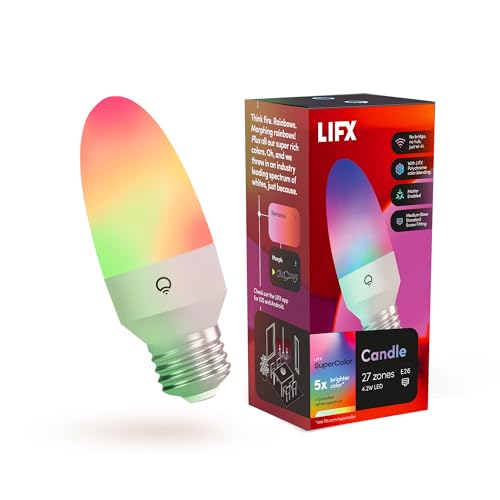 LIFX Color Smart Candle LED Bulb, E26 Base, Wi-Fi RGBW Flame Effect with 26 LED Zones, Dimmable, Flame & Morph Modes, App + Voice Control (Alexa, Google, Siri), 1500K–9000K Tunable White, LFX/ETF