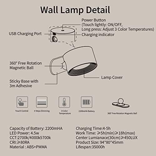 Coollamp LED Indoor Wall Lamp, Bedroom Wall Light with Warm/ Natural/White Light, 3 Brightness Levels, Rechargeable Battery, Touch Control, 360 ° Rotate, Wall Lamp for Living Room Corridor Stairs