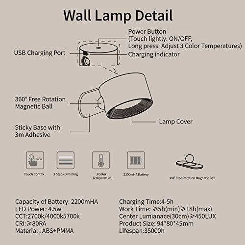 Image of AKSDA Battery Operated Wall Sconce, LED Reading Light, 360-Degree Rotation Magnetic Mounting Rechargeable Cordless Wall Lights with Dimmable 3 Color Temps Touch Control for Bedroom Hallway, 1 Pack
