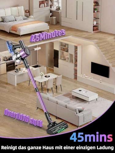 SUXIANGVAC Akku Staubsauger 45000Pa/500W/45Min, Staubsauger Kabellos Laufzeit mit LED Display und Anti Tangle Bürste, 73cm Ausziehbarer Schlauch für Hartböden Teppiche Tierhaare,Violett