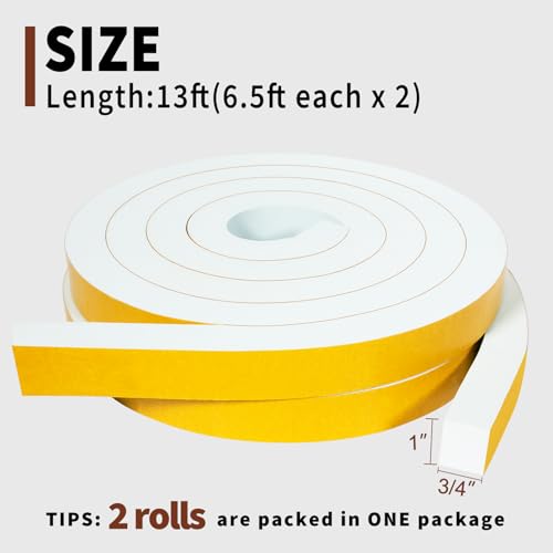 Image of Yotache White High Density Foam Tape 1 inch x3 /4 inch, Total 13 Ft | For Windows Air Conditioner Insulation Seal, Weatherstrip, AntiVibration, Shockproof Protection, 2 X 6.5 Ft Each