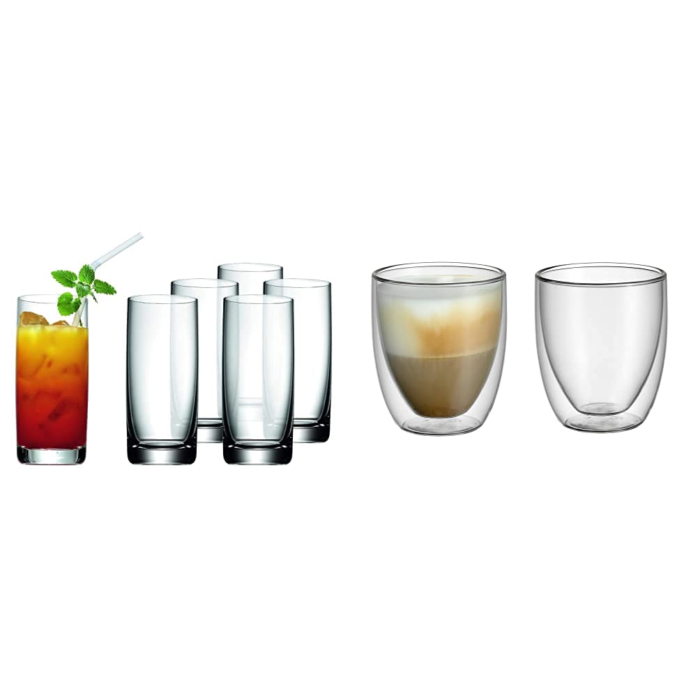 WMF Easy Longdrinkgläser Set 6-teilig 350ml, Cocktailglas, Kristallglas, spülmaschinengeeignet & Kult doppelwandige Cappuccino Gläser Set 2-teilig, doppelwandige Gläser 250ml, Schwebeeffekt