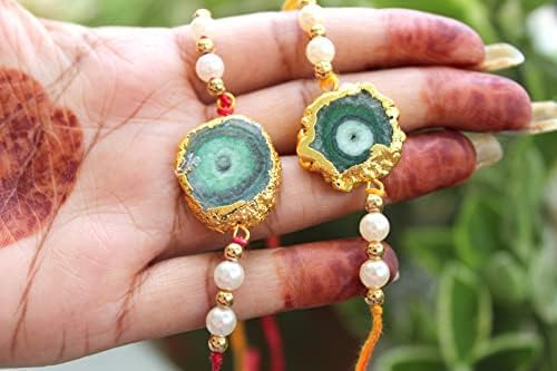 Miniatura 6 de HiJet Rakhi-Hijet - Paquete de 2 pulseras de hilo para hermanoBhai On Rakshabandhan para protecciones y bendiciones, tamaño libre, Gema, Ágata