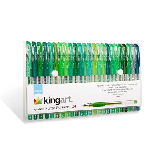 Image of KINGART 400-24G Comfort Grip Gel Pens, Set of 24 Unique Green Tone Colors | 1.0mm Rollerball Tip, 2.0mm XL Ink Capacity, Non-Toxic & Archival, Ideal For Coloring Books, Scrapbooking & Doodling