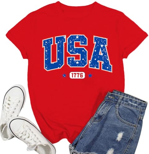 Ascrazy USA Shirts for Women 4th of July American Flag T-Shirt Patriotic Independence Day Tee Tops