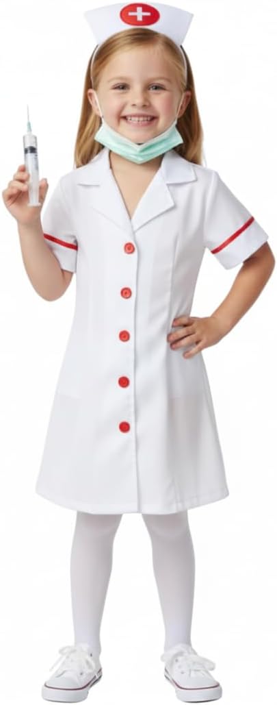 Nurse Fancy Dress With Mask, Injection, Stethoscope And Headgear | Community Helper Doctor Costume For Kids Girls