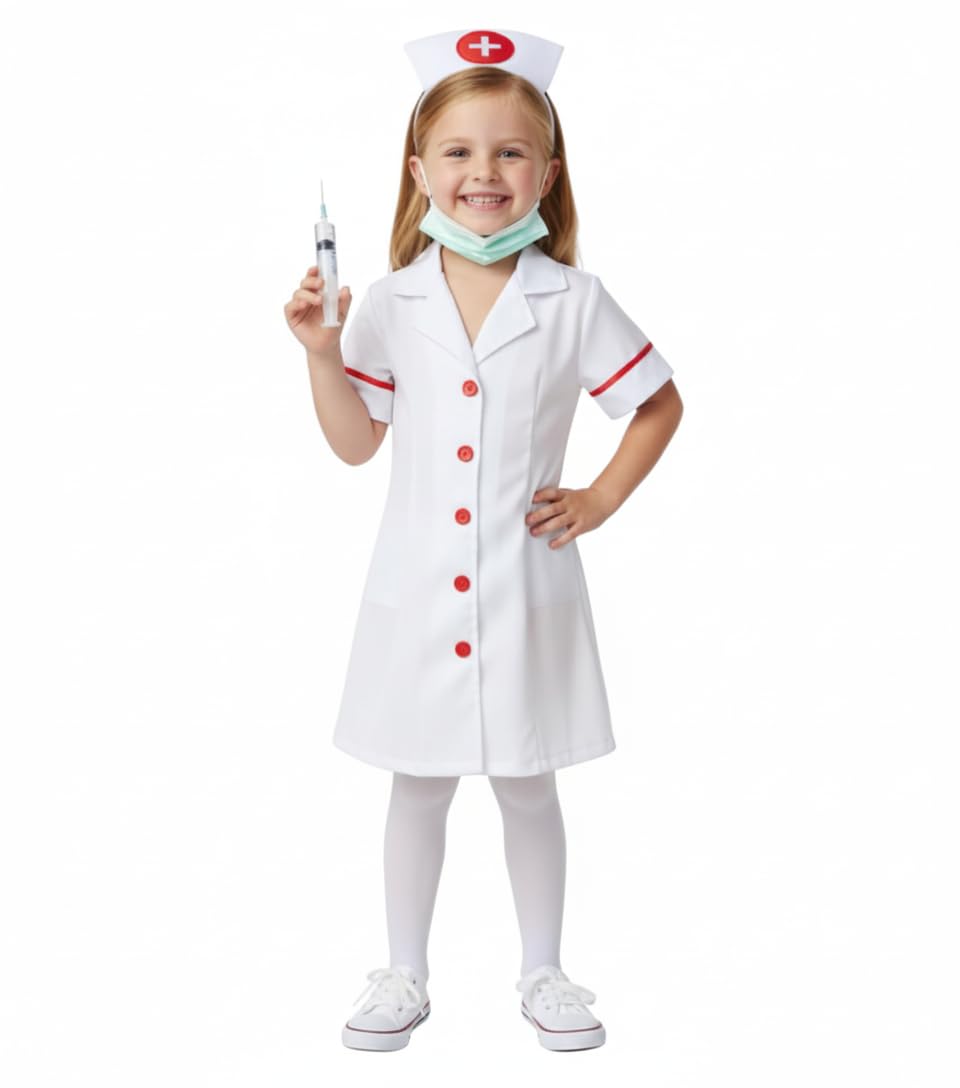 Nurse Fancy Dress With Mask, Injection, Stethoscope And Headgear | Community Helper Doctor Costume For Kids Girls
