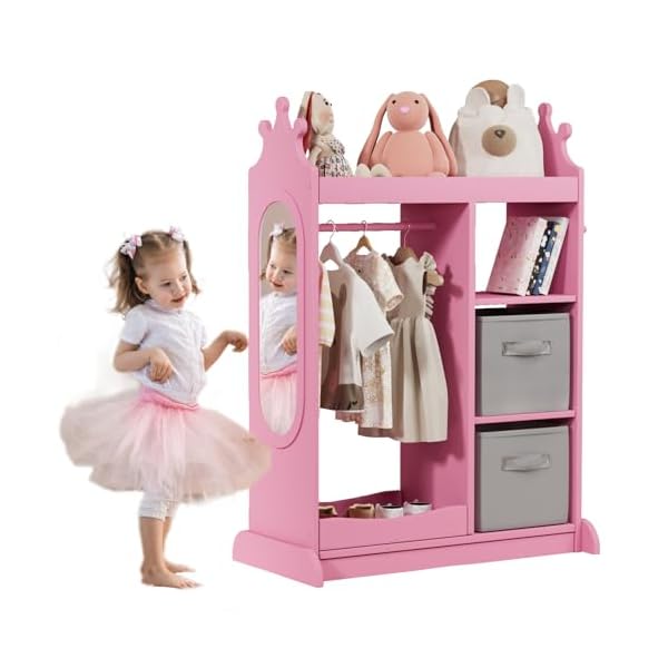 Kidinix kids wardrobe with mirror open dress up storage kids armoire wardrobe with 3 tier storage shelf2 fabric storageshoe rack kids dress up rack for coats dance costume hats shoespink  urban country home decor