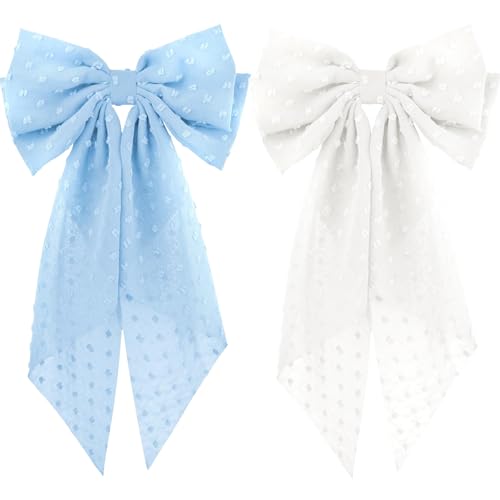 2PCS Large Hair Bows Ribbon Hair Clips, Double Layers Big Bow Hair Clip With Long Tail Ribbon Bowknot Hair Barrettes, Ponytail Holder Hair Accessories for Women Girls (Blue+White)