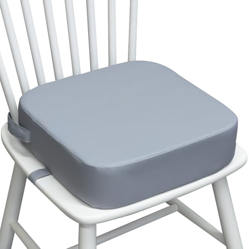 Toddler Booster Seat for Dining Table, Waterproof Kids Booster Seat for Kitchen Chair, High Density Foam Cushion with Non-Slip Bottom, Washable Cover & Adjustable Straps (Grey)