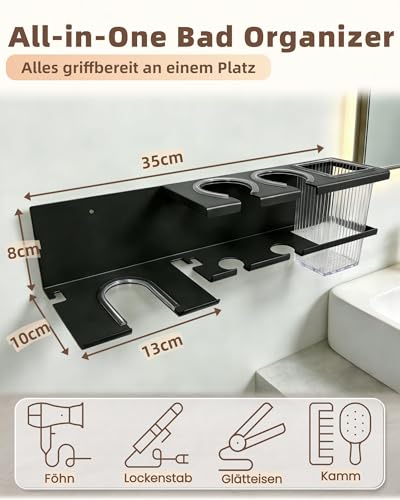 AmoreTempo Fönhalter ohne Bohren, Upgrade 4-in-1 Föhnhalterung mit 2 Glätteisen Halterung & Aufbewahrungsbox – Selbstklebende Haartrocknerhalterung für Dyson, Philips, Braun mit Bad, Schlafzimmer