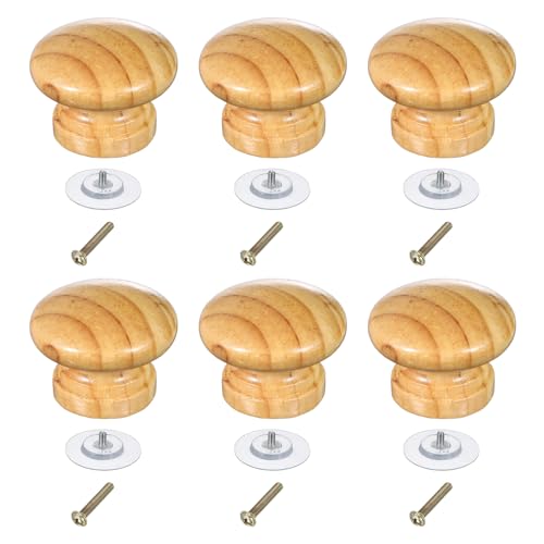 uxcell 6 Pcs Wood Drawer Knobs, Round Single Hole Wooden Cabinet Knobs Mushroom Shape Handle Pulls with Screws for Furniture Closet Dresser, Wood Color, 34.5x27.5mm/1.36x1.08inch (DiaxH) by uxcell - Used condition - US$12.13