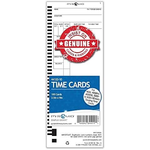 Pyramid Time Systems - Authentic Time Cards (44100-10) for Pyramid Models 4000, 4000PRO, 4000PROK, 5000HD & 5000 Auto Totaling Time Clocks, Single Sided Time Sheets (3.5 x 9 in) -100 Time Cards Cover