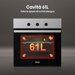 Hisense BI62120AX - Forno multifunzione, 3 manopole Push Pull, cavità 61 litri, 7 funzioni, AquaClean, 2 vetri, Funzione Pizza 250°, classe A, Color Inox