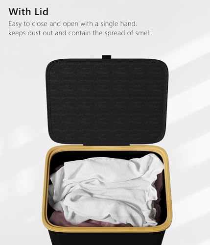 Qupzze Laundry Hamper with Lid, 110L Large Hampers for Laundry with Bamboo Handles and Removable Laundry Bag, Foldable Laundry Baskets with Lid for Bedroom Bathroom Tall Laundry Bin – Black, W8-454 - Image 3