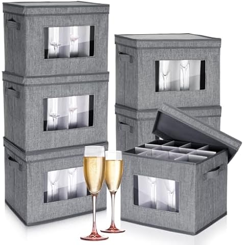 Uiifan 6 Pack Wine Glasses Storage Box with Dividers, 12 Compartments Stemware Storage Cases Champagne Flute Storage Box with Lid Handle Window China Storage Container Organizer for Moving (Gray) Cover