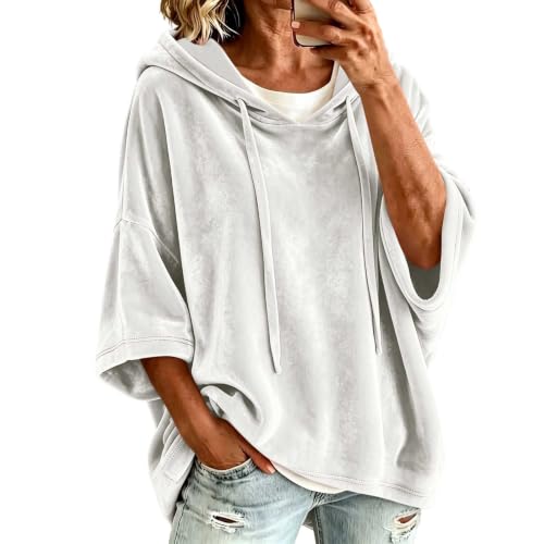 Womens 3/4 Batwing Sleeve Hooded Shirts Velvet Pullover Hoodie Tops