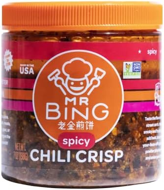Mr. Bing Chili Crisp | Spicy - Delicious, Flavorful & Crunchy Chili Oil - Made in USA Chili Paste Hot Sauce - Gluten Free, Vegan, No MSG, Non-GMO Oil - (7 oz.)