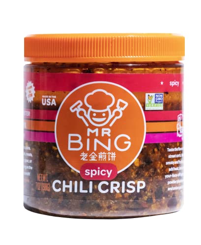 Mr. Bing Chili Crisp | Spicy - Delicious, Flavorful & Crunchy Chili Oil - Made In Usa Chili Paste Hot Sauce - Gluten Free, Vegan, No Msg, Non-Gmo Oil - (7 Oz.) #TOP6