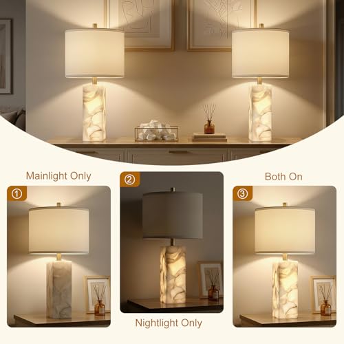 23" Alabaster Table Lamp Set of 2 with Night Light for Living Room - Image 3