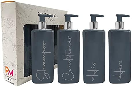 Print Maniacs Mrs Hinch Inspired Signature Grey 500ml Square Reusable Dispenser Bottle Silver Pump Personalised Bathroom Storage Toiletries Set F2 (White, Shampoo and Conditioner)